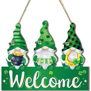 4 x St. Patrick's Day Decoration, Gnome Welcome Wooden Hanging Sign, Gnome Shamrock Wreaths for Front Door, Irish Sign Welcome Hanging for St. Patrick's Day Home Decor Party