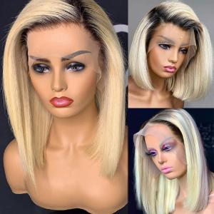 Munx Ombre Blonde Bob Wig Human Hair Glueless 13x4 Lace Front Wigs Bleached Knots Pre Plucked Dark Roots 1B613 Blunt Cut Bob Wigs with Baby Full 180% Density Lace Frontal Wigs Middle Part 12, #1B613