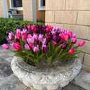 Artificial Fake Flowers for Spring Summer Outdoor Decoration,6 Bundles Realistic UV Resistant Silk Fabric Colorful Tulip Faux Plants for Outside Planter Home Porch Patio Decor(Pink Purple)