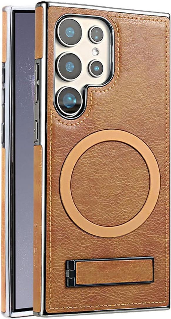Leather Magnetic Case for Samsung Galaxy S25 Ultra with Kickstand,Built-in Invisible Stand [Compatible with Wireless Charging] Slim Shockproof Protective Phone Cover for Galaxy S25 Ultra(Brown)