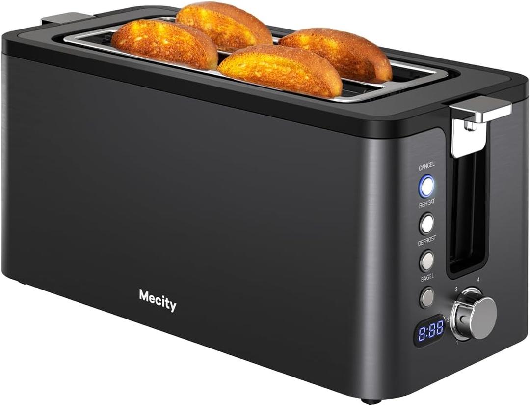 Mecity 4 Slice Toaster, Long Slot Toaster with Timer, Bagel, Defrost, Reheat, Cancel Functions, Warming Rack, Removable Tray, 6 Browning Settings, Extra Wide Slots, Stainless Steel, 1300W (Black)