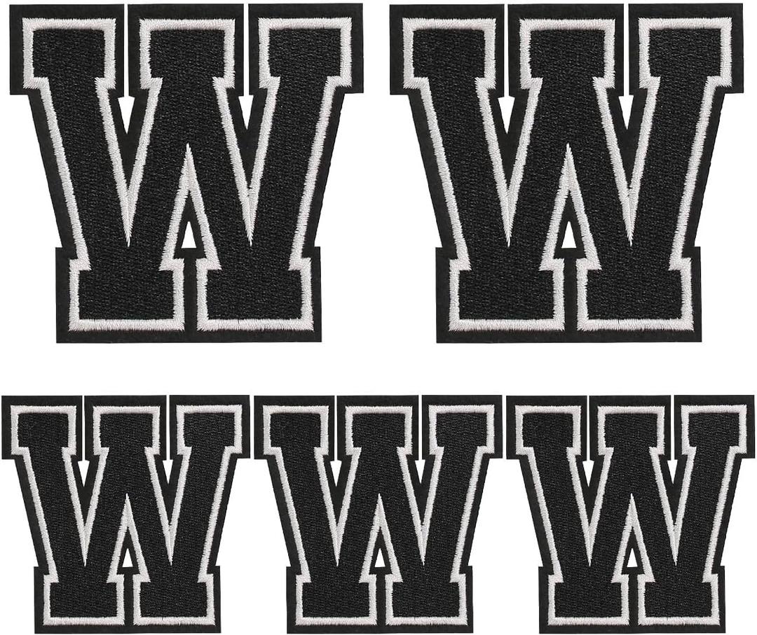 Iron on Letters Patches, 5 Pieces Full Embroidered Individual Letters Patch Applique for Clothes, Dress, Hat, Jeans, DIY Accessories, Black W