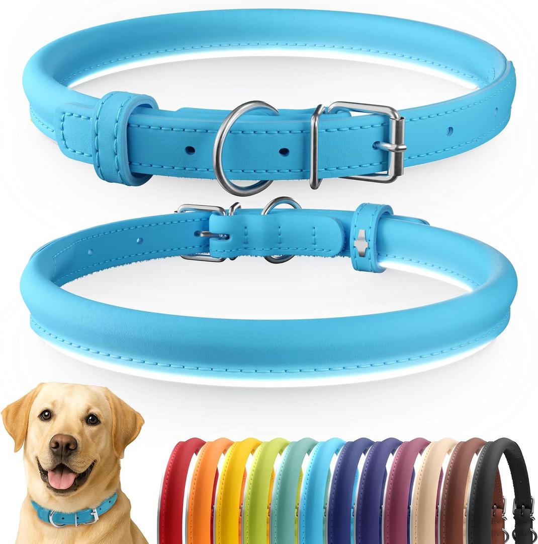 CollarDirect Reflective Rolled Leather Dog Collar, Soft Padded Round Puppy Collar, Handmade Genuine Leather Collar Dog Small Large Cat Collars (15-19 Inch, Light Blue)