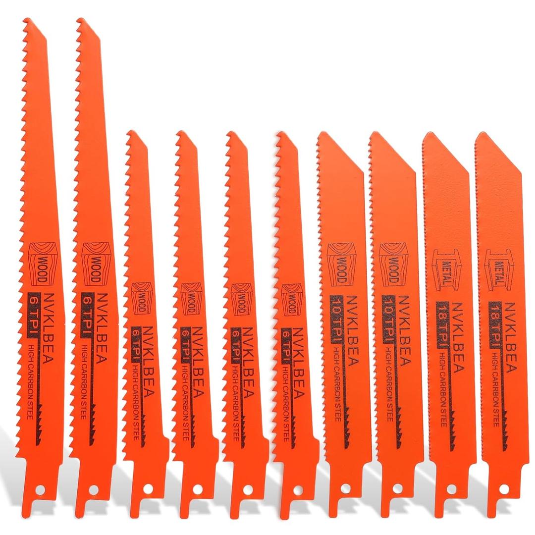 10-Piece Reciprocating Saw Blades 6 & 8 Inch Wood & Metal Cutting Saw Blades Premium Blades Carbon Steel Bi - Metal Reciprocating Saw Blades for Wood Pruning NVKLBEA