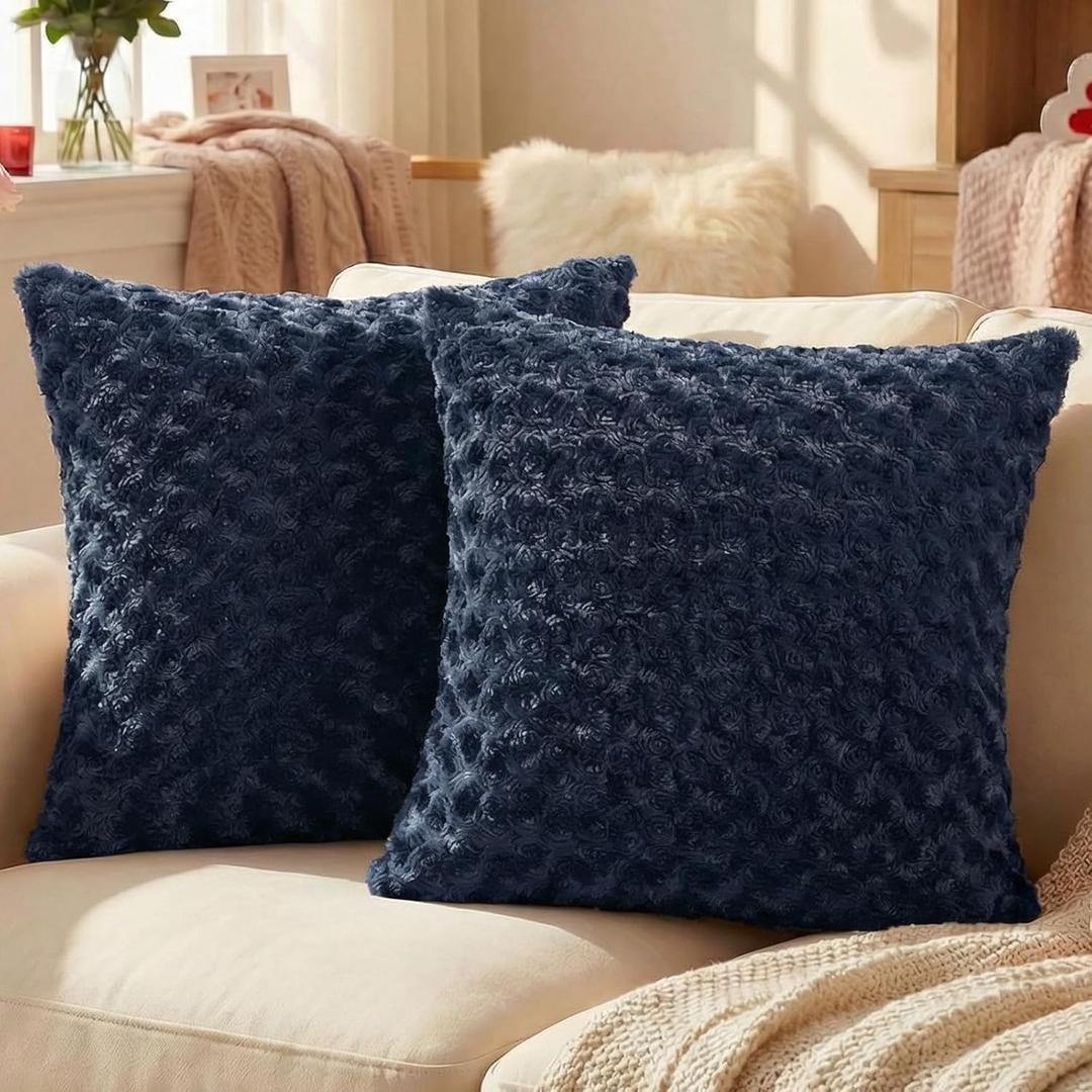 FUTEI Navy Blue Decorative Throw Pillow Covers 18x18 Inch Set of 2,Soft Solid Rose Swirl Textured Cushion Case,Valentine's Day Decor for Couch Living Room