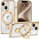 Compatible with iPhone 14 Case with Invisible Magnetic Ring Stand [Compatible with Mag-Safe] [Full Camera Lens Protector] Plating Clear Phone Case for iPhone 14 6.1", Gold