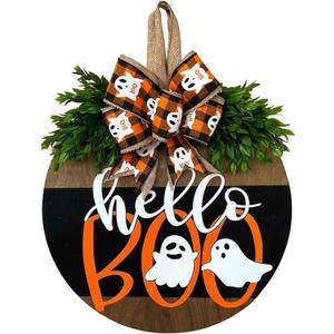 Halloween Ghost Wreath, Wooden Halloween Ghost Door Sign Wreath Decorations for Front Door Hanger