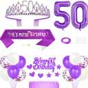 50th Birthday Decorations for Girls, Princess Crown Queen Tiara, It's My 50th Birthday Sash, 50 Year old Cake Topper, Number Balloons Set for Party Supplies, Purple