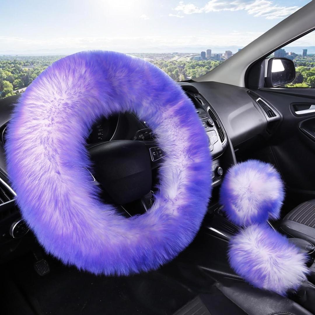 Car Steering Wheel Cover Gear Shift Handbrake Fluffy Cover for Women/Ladies Pure Wool Universal Fit 15 Inch 1 Set 3 Pcs (Purple)