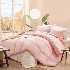 SunStyle Home Twin Comforter Set Pink, Twin Size Comforters Solid Box Stitched 2 Pieces Bedding Sets, Soft Breathable Down Alternative Bed Set with Pillow Sham for Kids Teen Girls Dorm (Twin (68"x88"))