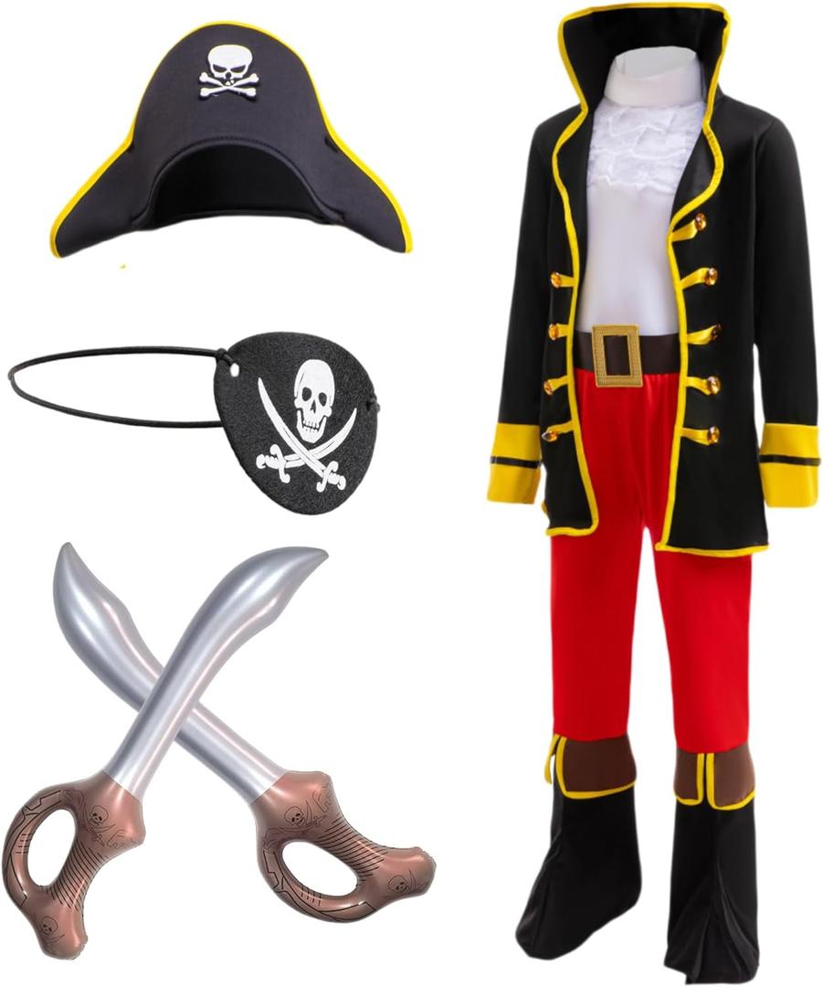 Pirate Costume for Kids Cosplay Pirate Role Play Dress Up Halloween Costume Hat Belt Eyes patch Inflatable Sword, Small (3-4Years)
