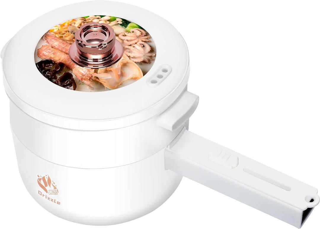 Drizzle Electric Hot Pot Cooker Steamer 1.8L Multifunctional Nonstick Pan Office Dorm Cooking Portable Ramen Cooker Steamer Boil Dry Protection Suitable For Noodle Cooker Eggs StirFrying (Mechanical White)