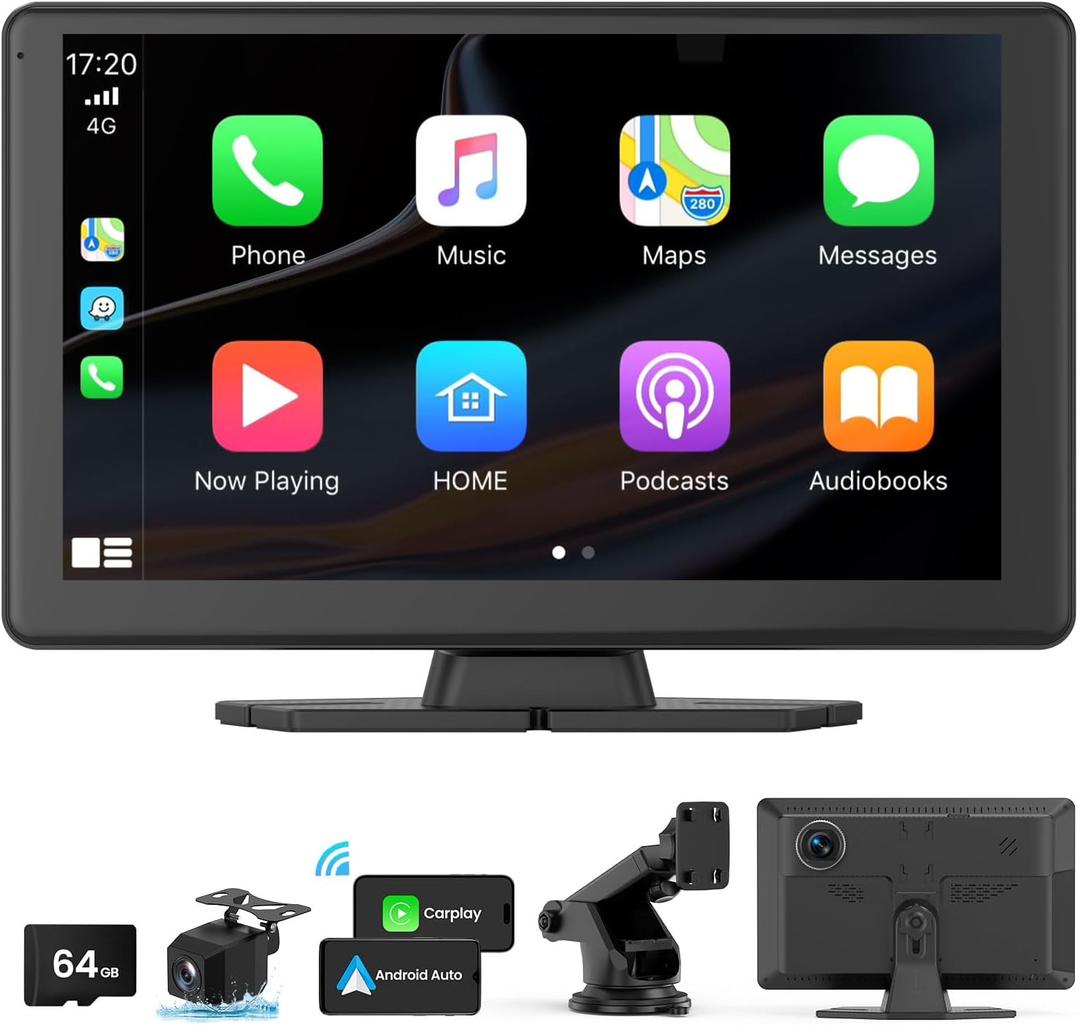 Portable Carplay Screen for Car 5K Dash Cam, 9" Wireless CarPlay & Android Auto Car Audio Receivers with 1080p Backup Camera, Bluetooth/GPS Navigation/Voice Control/Mirror Link (Black)