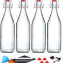 4 Pack [1 Liter / 33 fl. oz.] Swing Top Glass Bottles w/ Airtight Stopper Lids Flip Top Brewing Bottle for Fermentation, Kombucha, Mead, Vinegar, Beer, Kefir, With 4 Extra Seals & 2 Pourers