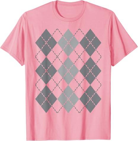 Preppy Plaid Argyle Stylish & Fun Faux Sweater Design T-Shirt, Pink