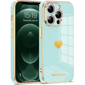 Compatible with iPhone 12 Pro Max Case for Women Girls, Luxury Fashion Plating Edge & Cute Love Heart Soft TPU Shockproof Protection Phone Case for iPhone 12 Pro Max 6.7 Inches,Mint Green