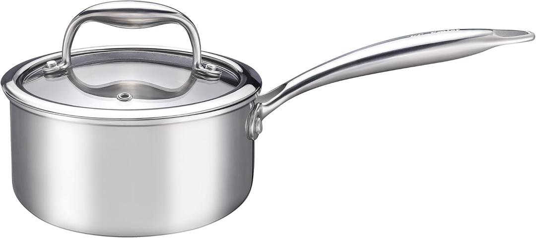 1-Quart Saucepan with Lid, Tri-Ply Stainless Steel Pot with Stay-Cool Handle & All Cooktop Compatibility (Gas, Ceramic, Electric) - Silver