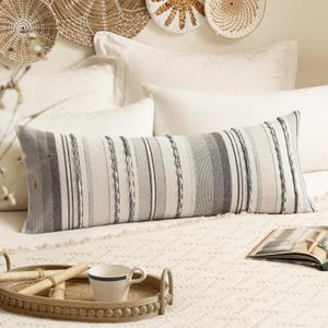 EMEMA Set of 1 Boho Decorative Throw Pillow Covers 14x36 Inch Tufted Chenille Farmhouse Cushion Covers Textured Striped Pillow Covers Accent Neutral Pillowcases for Sofa Couch Bed Grey-White