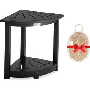 Acacia Wood Corner Shower Stool - Waterproof Triangular Bathroom Bench with Storage Shelf & Soap Dish for Shaving, Black Wood (17.9x12.7x16.5)
