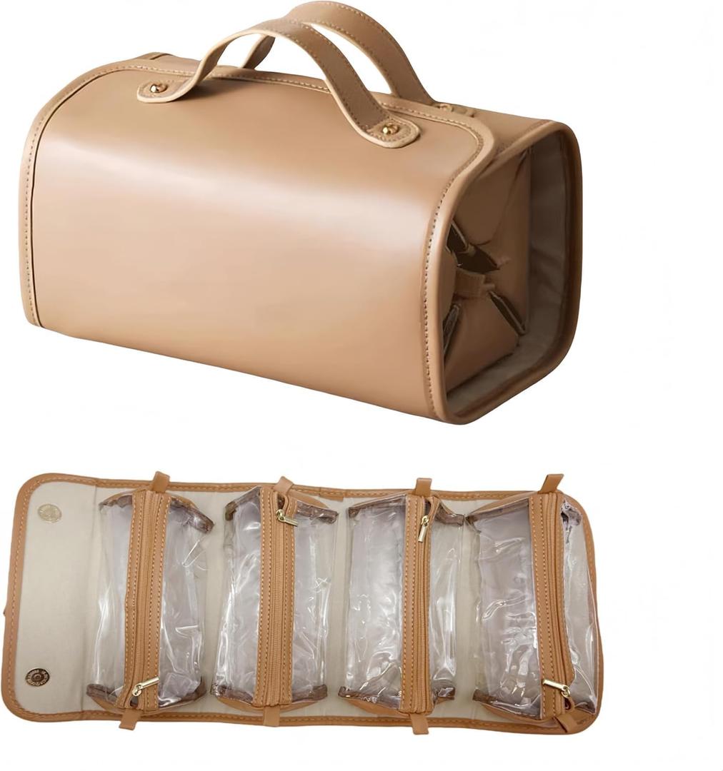 LuyaVogue Large Expandable Makeup Bag, 4-in-1 Waterproof Makeup bag, Cosmetic Bag with Detachable Interior Pockets, Ideal for Women Travel Essentials(Brown)