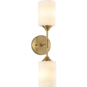 BYOLIIMA 2-Lights Gold Wall Sconce with White Cylinder Glass Shades Modern Mid Century Bathroom Vanity Wall Light Fixtures Industrial Brushed Brass Wall Lamp for Bedroom Mirror Living Room Restaurant