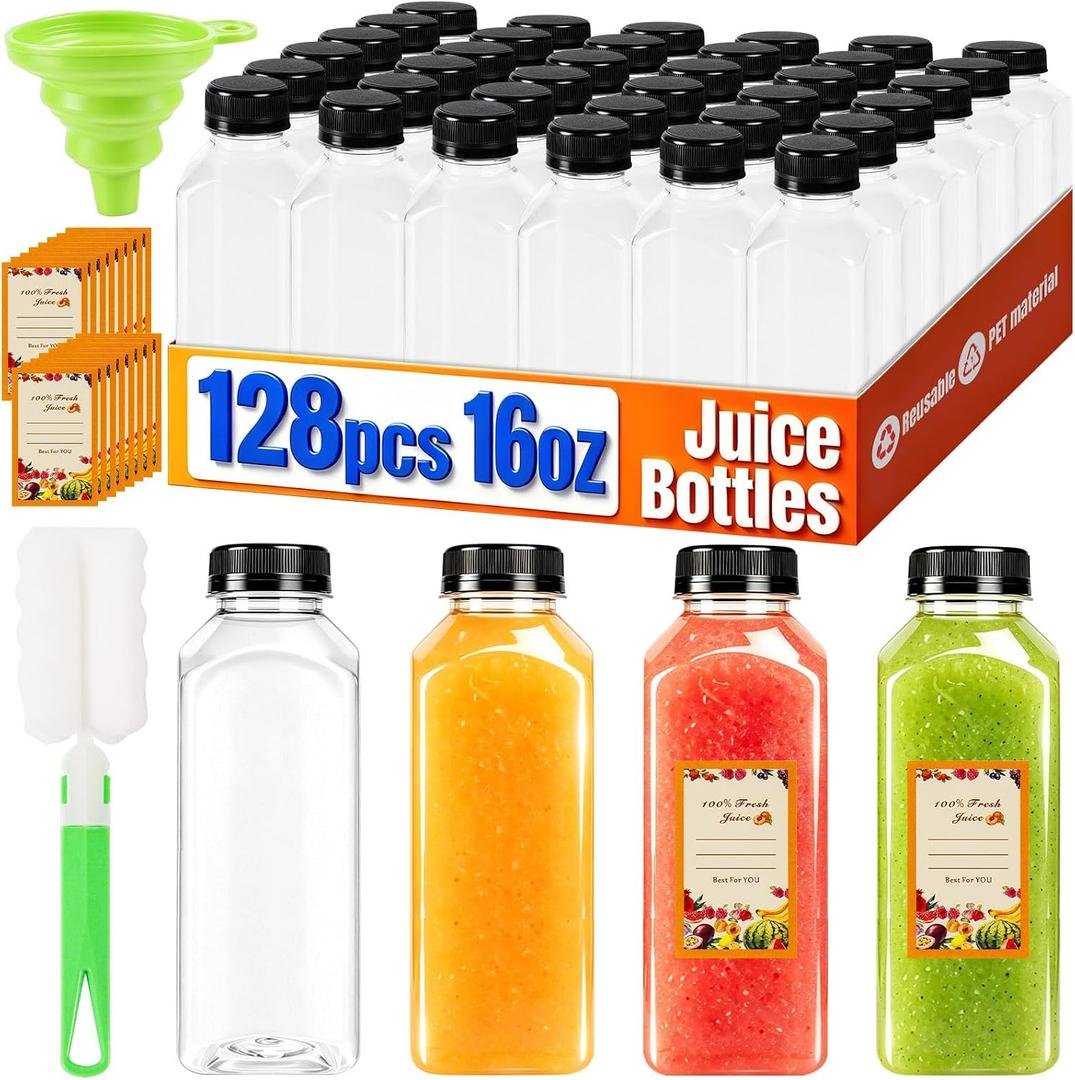 128 Pack 16 oz Reusable Plastic Juice Bottles,Clear Juice Bottles with Caps