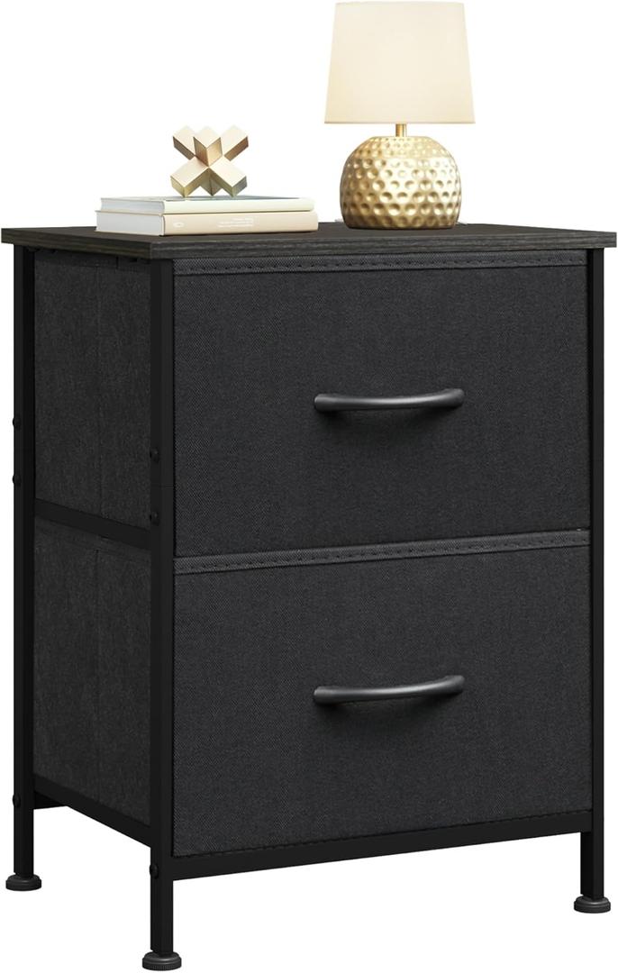 WLIVE Black Nightstand, Small Dresser for Bedroom with 2 Fabric Drawer, Bed Side Table with Drawers, End Table Bedside Furniture, Sturdy Steel Frame, Wood Top, Closet Organizer, College Dorm (1 Piece)