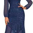 DRESSTELLS Sequin Wedding Guest Dresses for Women, Formal Cocktail Evening Party Bodycon Mesh Ruched Long Dress L