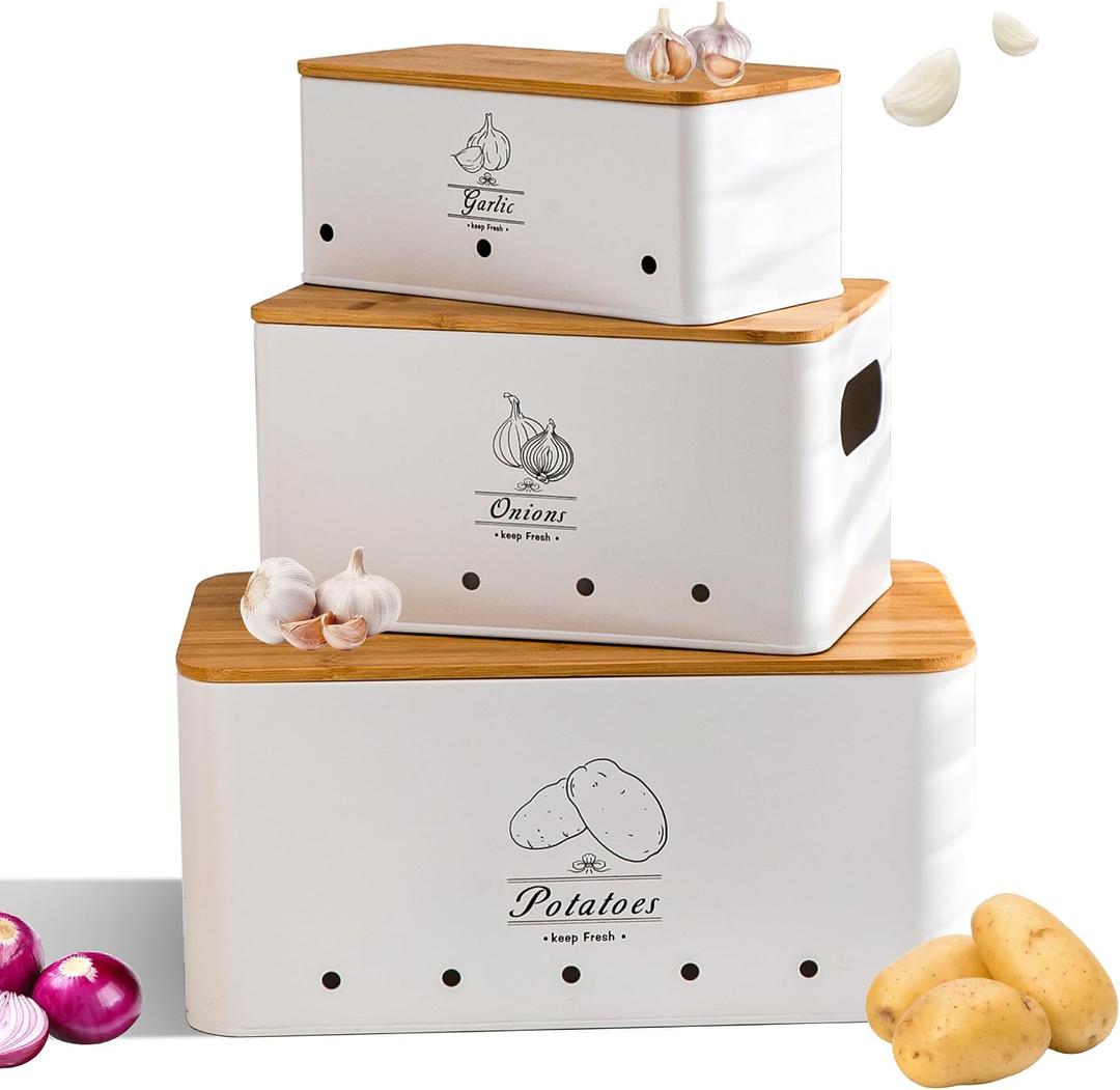 Metal Potato Onion and Garlic Storage Tin Set of 3, White Kitchen Vegetable Canisters with Bamboo Lid and Aerating Holes, Stackable Kitchen Keeper Storage for Countertop Pantry
