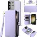 Asuwish Phone Case for Samsung Galaxy S23 Ultra 5G Zipper Wallet Detachable Cell Cover with Tempered Glass Screen Protector Strap Flip Card Holder Slot S23Ultra 23S S 23 23Ultra 6.8 inch Women Purple