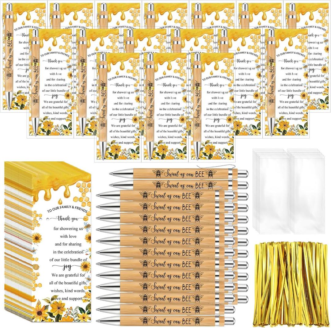 Spakon 50 Sets Bee Baby Shower Pens Favors Bamboo Pens with Thank You Bookmarks Cute Baby Shower Return Gifts for Guest Party Favors Decorations Game Prizes Gender Reveal Supplies
