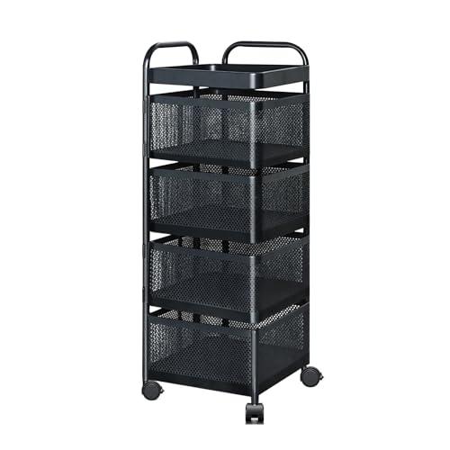 TAGEPOR Rotating Kitchen Storage Rack, 4 Tier Rolling Cart with Fruit and Vegetable Basket, Black Storage Organization Dolly Cart with Wheels for Bathroom, Kitchen and Bedroom
