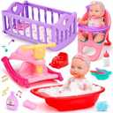 Tsomtto Baby Care Dolls Toys Set with 11" Baby Doll, Cradle Crib & Rocking Horse, Bathtub, High Chair Feeding Accessories, Toddlers Doll Toy Pretend Play for Age 3 4 5 6+ Years Old Girls Kids