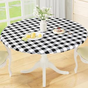 misaya Round Fitted Tablecloth with Elastic Edge, Buffalo Plaid Waterproof Vinyl Flannel Backed Table Cloth Cover Fits 45"-56" Round Tables for Dinner, Outdoor, Picnic, Black White Check