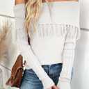 EVALESS Womens Off The Shoulder Sweater Fall Fringe Long Sleeve Loose Pullover Sweaters Tops (White, XL)