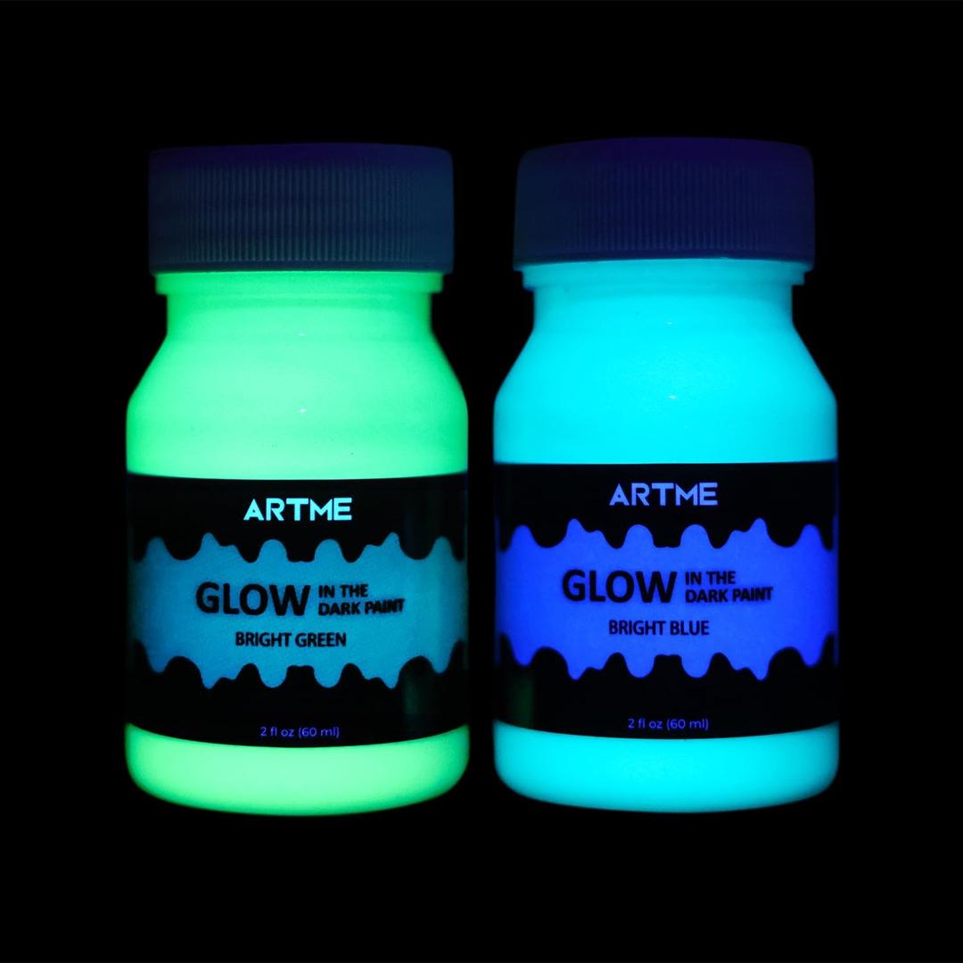 ARTME Glow in The Dark Paint Set of Green and Blue Colors (60ml/2oz each) Acrylic Paint Perfect for Art Painting, DIY Projects, Halloween Decorations