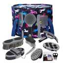 Harrison Howard Horse Grooming Kit 11-Piece Equine Care Series Horse Brush Sets with Organizer Tote Bag Tack Room Supplies Shedding Grooming Massaging Tools Black Brushstroke Ponies
