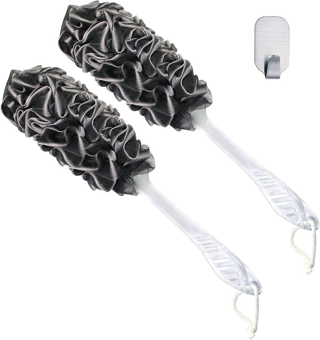 Loofah Back Scrubber, Pack of 2 Long Handle Loofah Back Brushes for Shower Luffa on Stick Soft Mesh Body Scrubber for Men Women, Bamboo Charcoal Infused