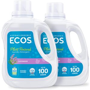 ECOS Laundry Detergent Liquid, 200 Loads - Dermatologist Tested Laundry Soap - Hypoallergenic, EPA Safer Choice Certified, Plant-Powered - Lavender, 100 Fl Oz (Pack of 2)