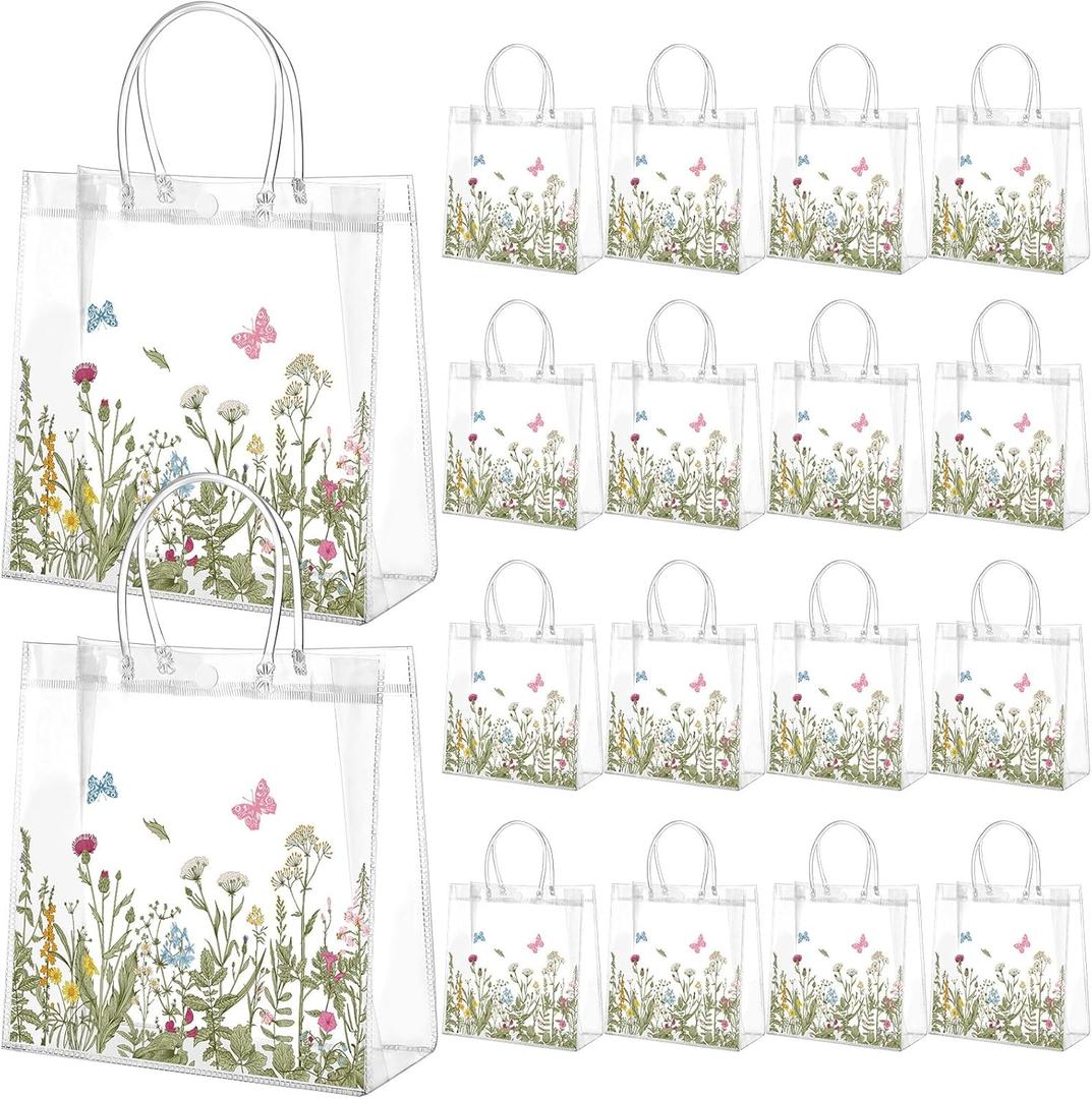 Kacctyen 24 Pcs Gift Bags for Party Favor Clear Goodie Bags with Handle 7.87 x 7.87 x 3.15 Return Gift Wrap Totes for Guests Treat Candy Wrapping(Vintage Wildflowers)