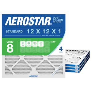 Aerostar 12x12x1 MERV 8 Air Filter, 4 Count, ACTUAL SIZE (11.75 x 11.75 x 0.75), HVAC, Air Conditioning & Furnace Filter Captures Dust, Lint & Pollen (MPR 600 / FPR 5), Made in USA