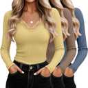 Oakgarden 3 Pack Women's Cotton Long Sleeve Tops V Neck Ribbed Knit Lace Sexy Shirts Slim Fit Dressy Casual Tight Basic Tees (Small, Yellow, Brown, Indigo Blue)