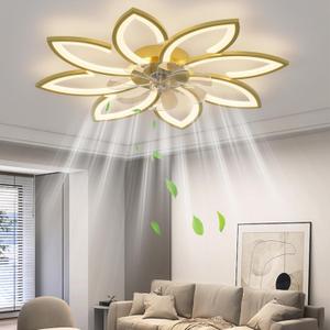 35" Ceiling Fans with Lights, Modern Ceiling Fans with Lights and Remote, Dimmable Bladeless Ceiling Fans with Light, Gold Ceiling Fan with light 6 Speed Reversible Timing for Bedroom