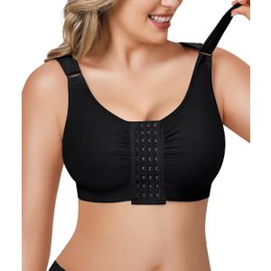 BRABIC Post Surgery Front Closure Bras for Women Full Coverage Compression Mastectomy Wireless Bra with Adjustable Straps (Black, XL)