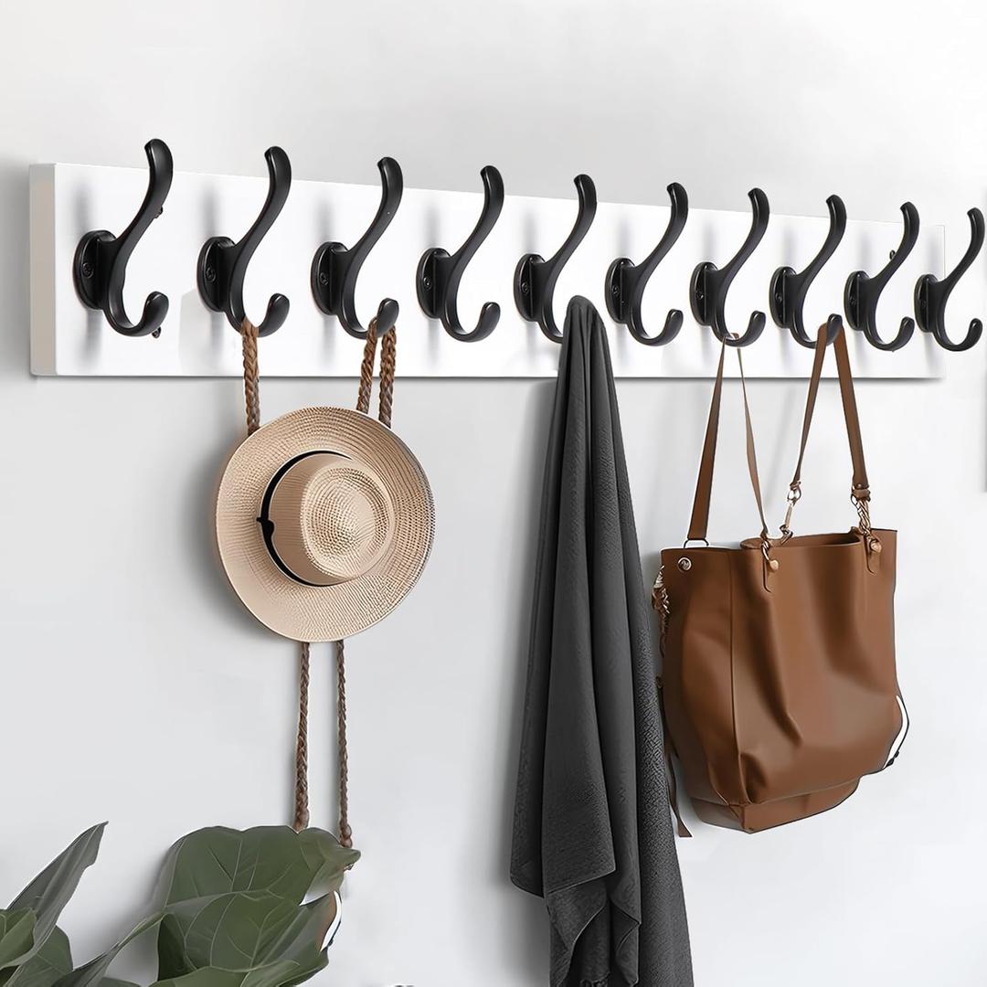 Tatub 38.6" White Coat Rack Wall Mount with 10 Hooks, Large Coat Hanger Wall Mount, Heavy Duty Rustic Entryway Organizer Hooks for Hanging, Hat, Bag, Jacket