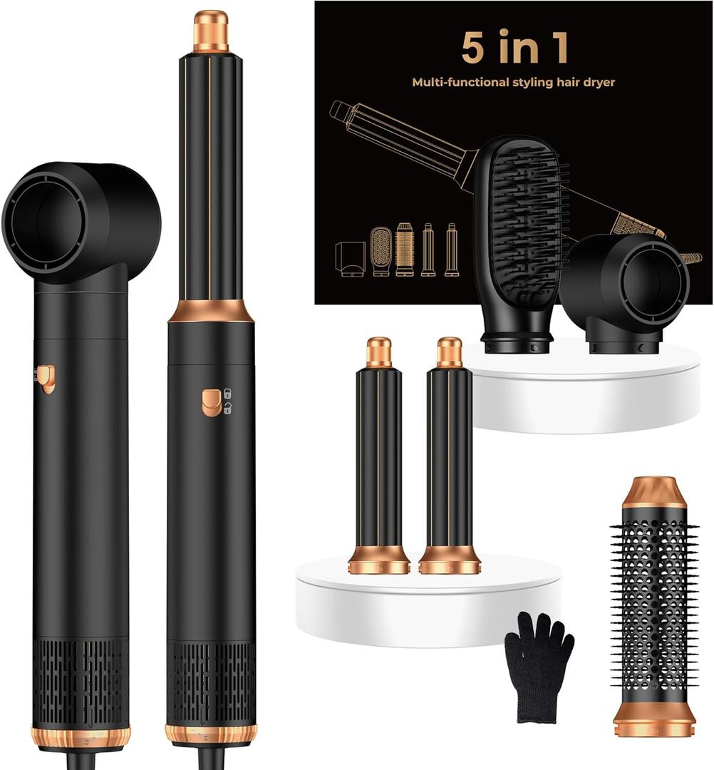 5 in ONE Hair Dryer Brush, Blow Dryer Curling Wand Hair Styling Tools Set, Ionic Hot Air Brush Round Brush Blow Dryer, Left&Right Styler 100-120V (Black)