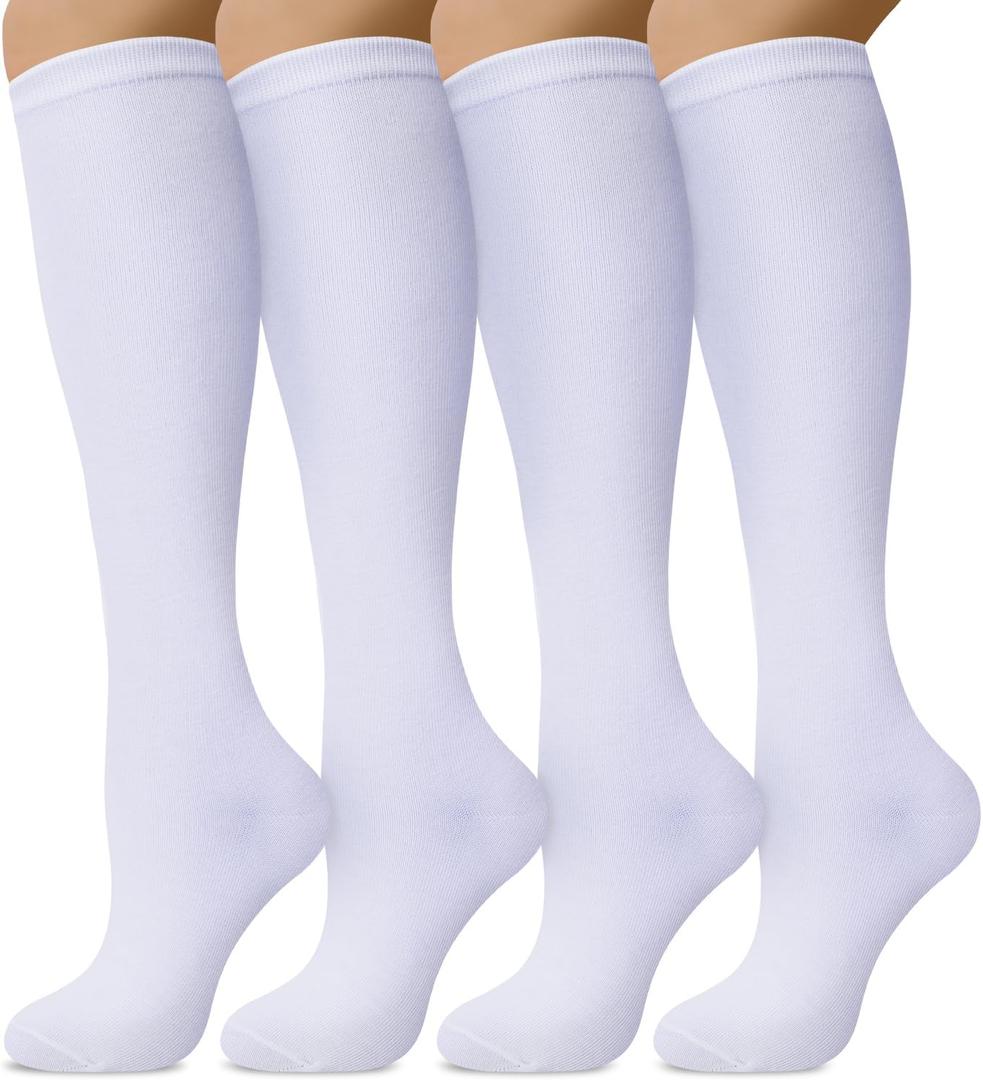 Senker Fashion Knee High Socks for Women, Cotton White Long Tube Sock Black Stockings Striped for Boot Outdoor Sport, Large
