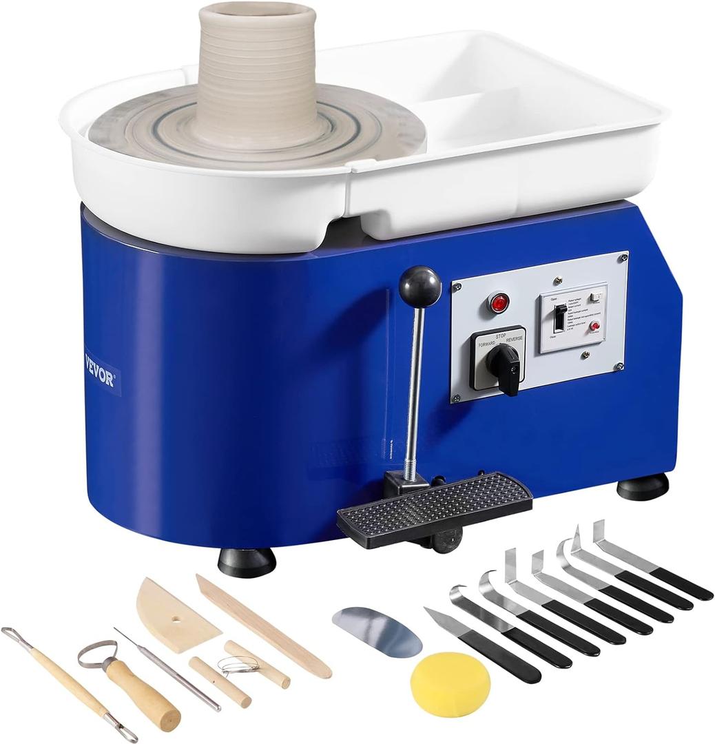 VEVOR 11inch Pottery Wheel, 350W Ceramic Wheel Forming Machine, Adjustable 60-300RPM Speed Handle and Foot Pedal Control, ABS Detachable Basin Sculpting Tool Apron Accessory Kit for Work Art Craft DIY (Blue)
