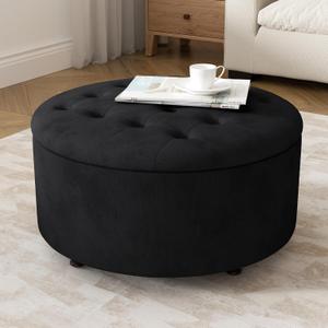 30 Inch Round Storage Ottoman, Modern Tufted Ottomans, Circular Coffee Table with Removable Top, Upholstered Large Ottoman with Storage Footrest Stool for Bedroom Living Room (Black) 30"D x 30"W x 16.9"H