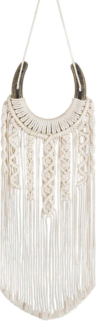 Mkono Macrame Equestrian Wall Hanging, Boho Wall Decor Small Horseshoe Macrame Woven Wall Art Decoration, Horse Lover Gifts Tapestry for Home Bedroom Living Room, Ivory